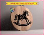 Image of a rocking horse cut file featuring a sweet vintage rocking pony with a fluffy windswept mane, curved wooden rocker base, detailed saddle, dangling stirrup, rounded hooves, and flowing tail in bold silhouette style.
