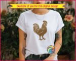 Silhouette image of a rooster strutting his stuff with serious cockerel swagger. This proud standing rooster side profile features a plump chicken body, spiky serrated comb, flowing curved tail feathers, fluffy layered wing feathers, dangling wattle, sharp rooster beak, and scaly chicken feet with clawed toes.
