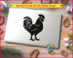 Silhouette image of a rooster strutting his stuff with serious cockerel swagger. This proud standing rooster side profile features a plump chicken body, spiky serrated comb, flowing curved tail feathers, fluffy layered wing feathers, dangling wattle, sharp rooster beak, and scaly chicken feet with clawed toes.