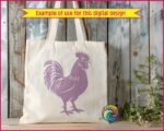 Silhouette image of a rooster strutting his stuff with serious cockerel swagger. This proud standing rooster side profile features a plump chicken body, spiky serrated comb, flowing curved tail feathers, fluffy layered wing feathers, dangling wattle, sharp rooster beak, and scaly chicken feet with clawed toes.