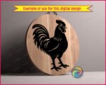 Silhouette image of a rooster strutting his stuff with serious cockerel swagger. This proud standing rooster side profile features a plump chicken body, spiky serrated comb, flowing curved tail feathers, fluffy layered wing feathers, dangling wattle, sharp rooster beak, and scaly chicken feet with clawed toes.