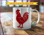 Silhouette image of a rooster strutting his stuff with serious cockerel swagger. This proud standing rooster side profile features a plump chicken body, spiky serrated comb, flowing curved tail feathers, fluffy layered wing feathers, dangling wattle, sharp rooster beak, and scaly chicken feet with clawed toes.