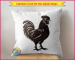 Silhouette image of a rooster strutting his stuff with serious cockerel swagger. This proud standing rooster side profile features a plump chicken body, spiky serrated comb, flowing curved tail feathers, fluffy layered wing feathers, dangling wattle, sharp rooster beak, and scaly chicken feet with clawed toes.