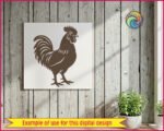 Silhouette image of a rooster strutting his stuff with serious cockerel swagger. This proud standing rooster side profile features a plump chicken body, spiky serrated comb, flowing curved tail feathers, fluffy layered wing feathers, dangling wattle, sharp rooster beak, and scaly chicken feet with clawed toes.
