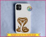 Cobra SVG cut file featuring a striking king cobra silhouette. This digital image displays an aggressive cobra clipart graphic with an expanded hood, bared fangs, and a coiled body. A detailed snake vector and transparent PNG design highlighting a fierce cobra snake with a bifurcated tongue.