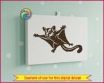 Silhouette image of a flying sugar glider with wide gliding membranes, fluffy curled tail, big cartoon eyes, tiny paws, and adorable face markings in a bold silhouette style. This sugar glider clipart captures the playful look of this Australian marsupial with clean high contrast lines perfect for decals and crafting.
