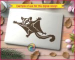 Silhouette image of a flying sugar glider with wide gliding membranes, fluffy curled tail, big cartoon eyes, tiny paws, and adorable face markings in a bold silhouette style. This sugar glider clipart captures the playful look of this Australian marsupial with clean high contrast lines perfect for decals and crafting.
