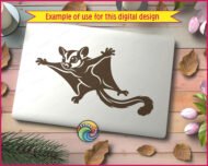 Silhouette image of a flying sugar glider with wide gliding membranes, fluffy curled tail, big cartoon eyes, tiny paws, and adorable face markings in a bold silhouette style. This sugar glider clipart captures the playful look of this Australian marsupial with clean high contrast lines perfect for decals and crafting.