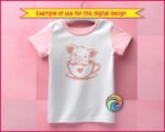 A black outline silhouette image of a cartoon baby teacup pig sitting inside a teacup that features a solid heart on the front. The teacup pig has large ears, detailed eyelashes, and its small hooves rest on the rim of the cup, which sits on a matching saucer. This minimalist digital vector clipart is a clean cut file design on a transparent background, available as an SVG or PNG.