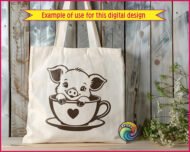 A black outline silhouette image of a cartoon baby teacup pig sitting inside a teacup that features a solid heart on the front. The teacup pig has large ears, detailed eyelashes, and its small hooves rest on the rim of the cup, which sits on a matching saucer. This minimalist digital vector clipart is a clean cut file design on a transparent background, available as an SVG or PNG.
