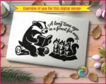 A sweet woodland badger wearing tiny glasses sits on a log with a storybook in paw while three wide-eyed baby squirrels listen closely beneath the words 'A long time ago in a forest far away...'.