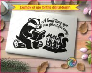 A sweet woodland badger wearing tiny glasses sits on a log with a storybook in paw while three wide-eyed baby squirrels listen closely beneath the words 'A long time ago in a forest far away...'.