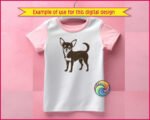 Chihuahua dog SVG PNG clipart on transparent background. Black silhouette of a smiling Chihuahua standing in profile, featuring large pointed ears, wide expressive eyes, fluffy chest, slender legs and a curved upright tail. Miniature Chihuahua vector illustration with minimalist outline detail.