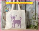 Chihuahua dog SVG PNG clipart on transparent background. Black silhouette of a smiling Chihuahua standing in profile, featuring large pointed ears, wide expressive eyes, fluffy chest, slender legs and a curved upright tail. Miniature Chihuahua vector illustration with minimalist outline detail.