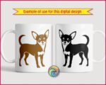 Chihuahua dog SVG PNG clipart on transparent background. Black silhouette of a smiling Chihuahua standing in profile, featuring large pointed ears, wide expressive eyes, fluffy chest, slender legs and a curved upright tail. Miniature Chihuahua vector illustration with minimalist outline detail.