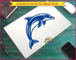 A vector silhouette SVG cut file of a jumping dolphin leaping in mid-air. This digital image dolphin clipart shows a smiling bottlenose dolphin captured in a dynamic curved pose, facing right. Clean lines outline this marine mammal dolphin PNG graphic, detailing the prominent dorsal fin, flippers, snout, and flukes against a transparent background.