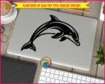 A vector silhouette SVG cut file of a jumping dolphin leaping in mid-air. This digital image dolphin clipart shows a smiling bottlenose dolphin captured in a dynamic curved pose, facing right. Clean lines outline this marine mammal dolphin PNG graphic, detailing the prominent dorsal fin, flippers, snout, and flukes against a transparent background.