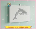 A vector silhouette SVG cut file of a jumping dolphin leaping in mid-air. This digital image dolphin clipart shows a smiling bottlenose dolphin captured in a dynamic curved pose, facing right. Clean lines outline this marine mammal dolphin PNG graphic, detailing the prominent dorsal fin, flippers, snout, and flukes against a transparent background.