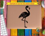 Black silhouette image of a flamingo standing tall on one leg, flaunting gorgeous layered wings with elegant feather details, a gracefully curved long neck, and a classic hooked beak.