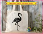 Black silhouette image of a flamingo standing tall on one leg, flaunting gorgeous layered wings with elegant feather details, a gracefully curved long neck, and a classic hooked beak.