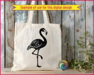Black silhouette image of a flamingo standing tall on one leg, flaunting gorgeous layered wings with elegant feather details, a gracefully curved long neck, and a classic hooked beak.