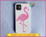 Black silhouette image of a flamingo standing tall on one leg, flaunting gorgeous layered wings with elegant feather details, a gracefully curved long neck, and a classic hooked beak.
