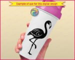 Black silhouette image of a flamingo standing tall on one leg, flaunting gorgeous layered wings with elegant feather details, a gracefully curved long neck, and a classic hooked beak.