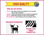 Chihuahua dog SVG PNG clipart on transparent background. Black silhouette of a smiling Chihuahua standing in profile, featuring large pointed ears, wide expressive eyes, fluffy chest, slender legs and a curved upright tail. Miniature Chihuahua vector illustration with minimalist outline detail.