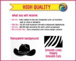 Black silhouette image of a classic wide-brim Stetson cowboy hat with a swooping cattleman crown, decorative hat band and buckle detail, all drawn in sharp ink-style linework in a silhouette style.