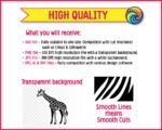 Image of a graceful long-neck giraffe with bold spots, elegant legs, curved horns, alert ears, and a sweet cartoon-style face.