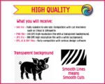 A smiling pig silhouette vector graphic showing a full-body side profile of a cheerful farm animal. This pig clipart features a curly tail, large expressive eyes, a prominent snout, and distinct hooves. A clean digital image and pig cut file with a transparent PNG background, isolating the happy pig illustration.
