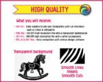 Image of a rocking horse cut file featuring a sweet vintage rocking pony with a fluffy windswept mane, curved wooden rocker base, detailed saddle, dangling stirrup, rounded hooves, and flowing tail in bold silhouette style.