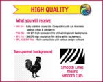 Silhouette image of a rooster strutting his stuff with serious cockerel swagger. This proud standing rooster side profile features a plump chicken body, spiky serrated comb, flowing curved tail feathers, fluffy layered wing feathers, dangling wattle, sharp rooster beak, and scaly chicken feet with clawed toes.