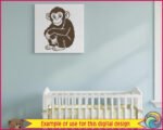 Image of a cheeky little baby chimp with giant sparkling eyes, oversized round ears, fluffy jungle fur, curly monkey fingers, and a sweet smiling face.
