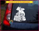 Silhouette image of a friendly little dragon perched happily atop a towering stack of fantasy novels. With a sweet smile, tiny horns, and cute little wings, this reading dragon clipart guards a treasure trove of knowledge. The hand-drawn books are labeled with words like Magic, Stories, and Adventure.