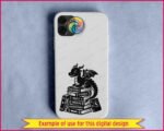 Silhouette image of a friendly little dragon perched happily atop a towering stack of fantasy novels. With a sweet smile, tiny horns, and cute little wings, this reading dragon clipart guards a treasure trove of knowledge. The hand-drawn books are labeled with words like Magic, Stories, and Adventure.
