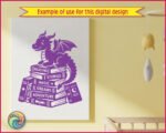 Silhouette image of a friendly little dragon perched happily atop a towering stack of fantasy novels. With a sweet smile, tiny horns, and cute little wings, this reading dragon clipart guards a treasure trove of knowledge. The hand-drawn books are labeled with words like Magic, Stories, and Adventure.