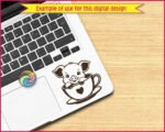 A black outline silhouette image of a cartoon baby teacup pig sitting inside a teacup that features a solid heart on the front. The teacup pig has large ears, detailed eyelashes, and its small hooves rest on the rim of the cup, which sits on a matching saucer. This minimalist digital vector clipart is a clean cut file design on a transparent background, available as an SVG or PNG.