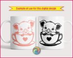 A black outline silhouette image of a cartoon baby teacup pig sitting inside a teacup that features a solid heart on the front. The teacup pig has large ears, detailed eyelashes, and its small hooves rest on the rim of the cup, which sits on a matching saucer. This minimalist digital vector clipart is a clean cut file design on a transparent background, available as an SVG or PNG.