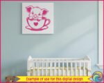 A black outline silhouette image of a cartoon baby teacup pig sitting inside a teacup that features a solid heart on the front. The teacup pig has large ears, detailed eyelashes, and its small hooves rest on the rim of the cup, which sits on a matching saucer. This minimalist digital vector clipart is a clean cut file design on a transparent background, available as an SVG or PNG.