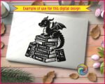Silhouette image of a friendly little dragon perched happily atop a towering stack of fantasy novels. With a sweet smile, tiny horns, and cute little wings, this reading dragon clipart guards a treasure trove of knowledge. The hand-drawn books are labeled with words like Magic, Stories, and Adventure.