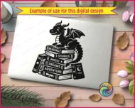Silhouette image of a friendly little dragon perched happily atop a towering stack of fantasy novels. With a sweet smile, tiny horns, and cute little wings, this reading dragon clipart guards a treasure trove of knowledge. The hand-drawn books are labeled with words like Magic, Stories, and Adventure.