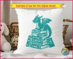 Silhouette image of a friendly little dragon perched happily atop a towering stack of fantasy novels. With a sweet smile, tiny horns, and cute little wings, this reading dragon clipart guards a treasure trove of knowledge. The hand-drawn books are labeled with words like Magic, Stories, and Adventure.