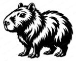 Capybara clipart PNG SVG on a transparent background. The capybara is depicted in a bold black silhouette style with detailed fur texture showing layered, jagged strokes across the body. The stocky rodent stands in a side profile with its broad flat head, small rounded ears, sturdy legs and thick textured coat clearly visible.