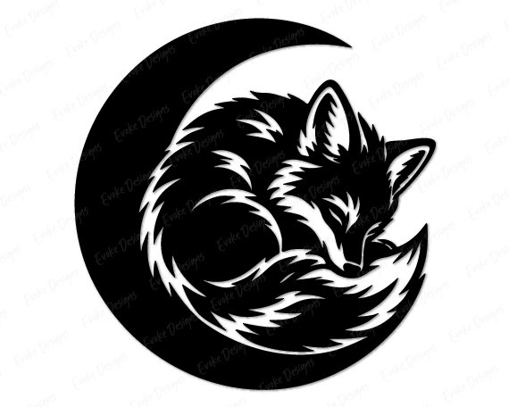 Black fox SVG PNG clipart on transparent background. A sleeping fox curls into a tight circle, its fluffy tail wrapped around its body, nestled inside a crescent moon shape. The fox silhouette features detailed fur texture with white line art. A cozy, curled fox resting peacefully within the curve of the moon.
