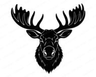Black moose head SVG PNG clipart on transparent background. Front-facing moose portrait featuring large wide-spread antlers, pointed ears, defined snout and textured fur. Moose silhouette vector with fine outline detail lines throughout.