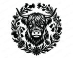 A black minimalist outline silhouette of a highland cow head, featuring long horns and a shaggy coat, framed by a circular wreath of wild thistles, bluebells, daisies and wildflowers. This digital highland cow clipart vector is presented as a high-quality SVG and PNG image, showcasing a detailed Scottish highland cow cut file design on an isolated transparent background.