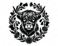 A black minimalist outline silhouette of a highland cow head, featuring long horns and a shaggy coat, framed by a circular wreath of wild thistles, bluebells, daisies and wildflowers. This digital highland cow clipart vector is presented as a high-quality SVG and PNG image, showcasing a detailed Scottish highland cow cut file design on an isolated transparent background.