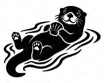 Black silhouette clipart image of a cute sea otter floating on its back in wavy water. The minimalist otter vector graphic shows the animal smiling, with detailed paws and whiskers, holding a seashell closely to its chest. This digital cut file design is presented as an otter SVG and PNG on an isolated transparent background.