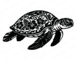 Sea turtle clipart on a transparent background. The sea turtle silhouette features a decorative shell filled with hibiscus flowers, tropical leaves, ocean waves and swirling botanical details. The sea turtle has detailed flippers, a textured head, and a bold black vector outline style. Digital sea turtle SVG & PNG vector image with intricate floral shell pattern.